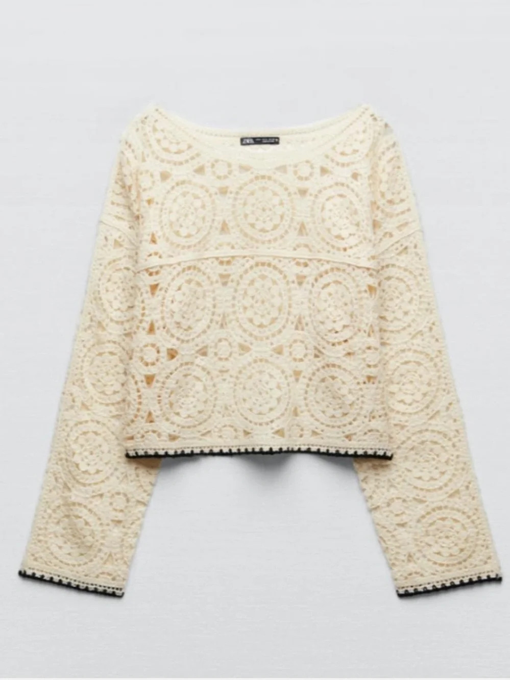 Zara Cream Crochet Lace Long Sleeve Crop Top Black Trim Boho Festival Sheer M
